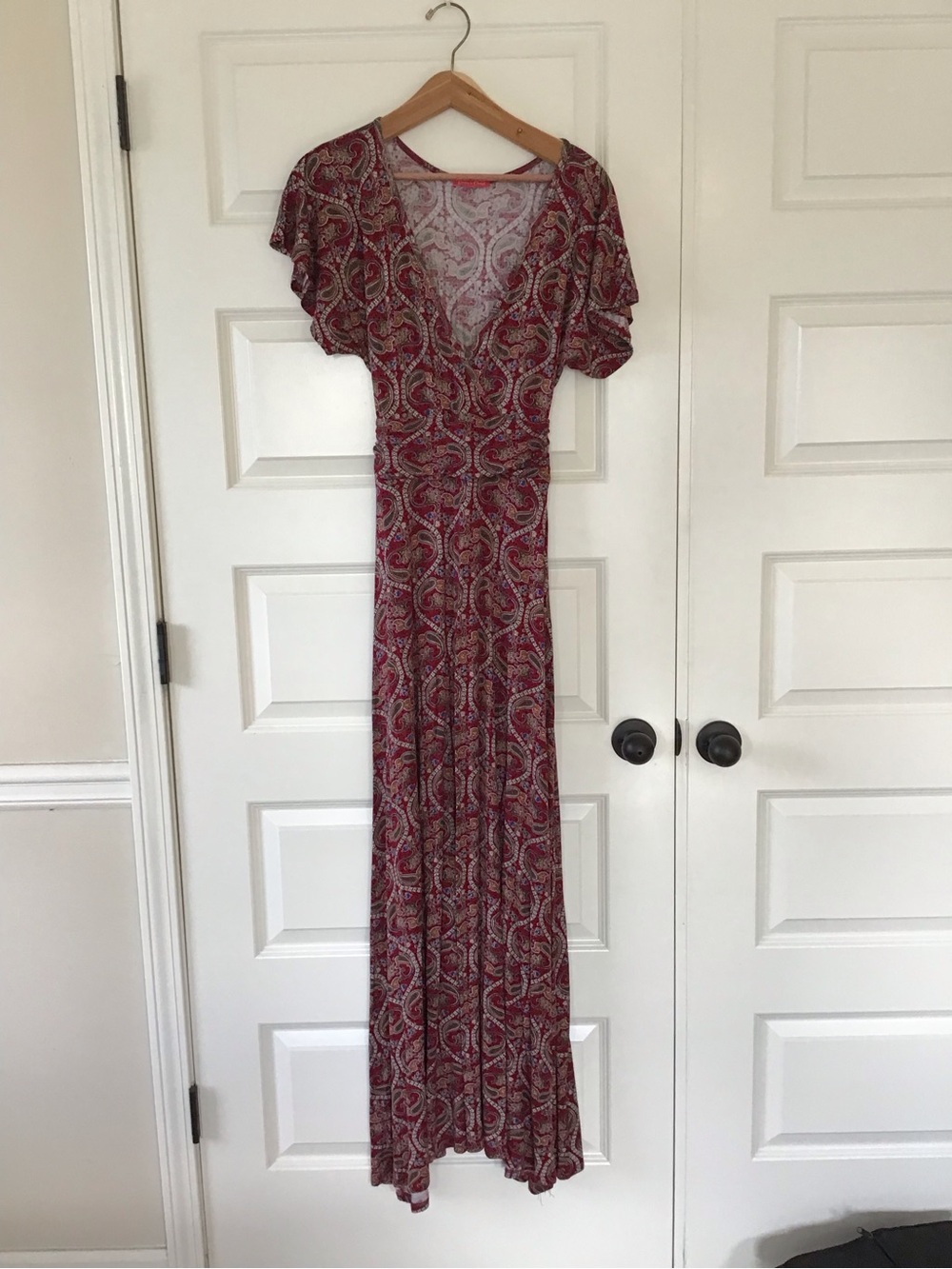 Paisley V-Neck Maxi Dress in Deep Red
